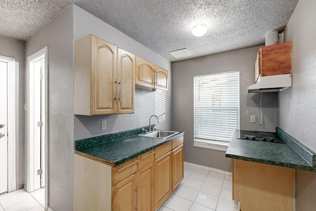 kitchen featuring sink, a wealth of natural light, light tile patterned flooring, and black stovetop