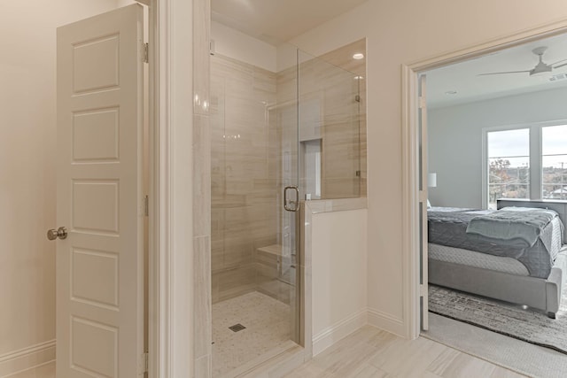 bathroom with ceiling fan and walk in shower