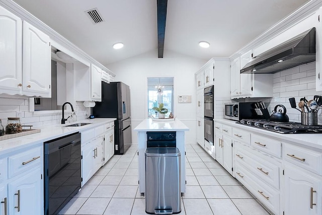 kitchen with sink, white cabinets, black appliances, and decorative backsplash