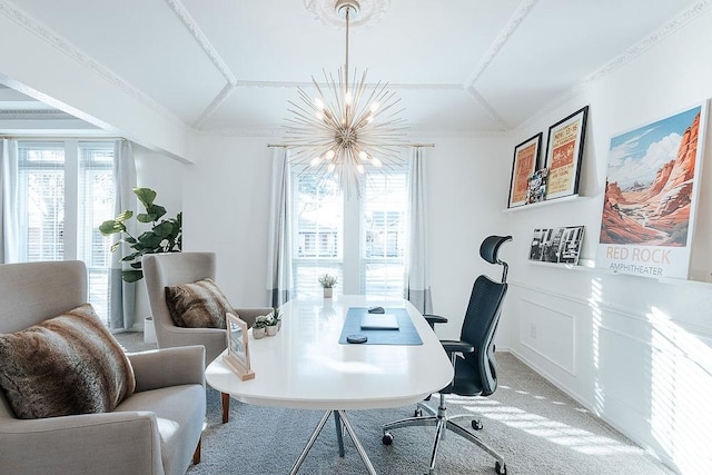 carpeted office space with an inviting chandelier, vaulted ceiling, and crown molding