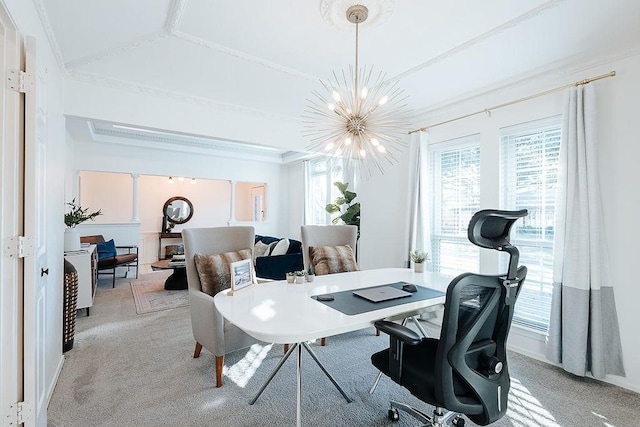 carpeted office featuring an inviting chandelier and crown molding