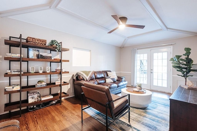 living room featuring french doors, vaulted ceiling, ceiling fan, and hardwood / wood-style flooring