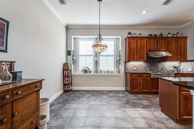 kitchen with ornamental molding, decorative light fixtures, backsplash, and stainless steel gas cooktop