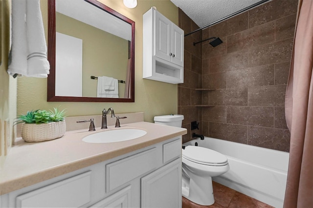 full bathroom with toilet, a textured ceiling, tile patterned floors, shower / bath combo, and vanity