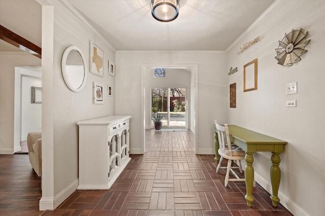 corridor featuring crown molding and dark parquet floors