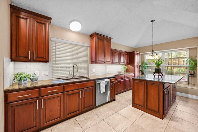 kitchen featuring sink, vaulted ceiling, dishwasher, decorative backsplash, and a notable chandelier