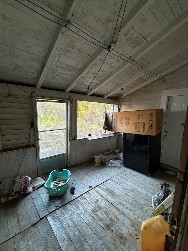 miscellaneous room featuring vaulted ceiling and wood-type flooring