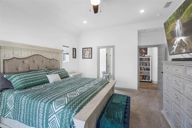 bedroom featuring light carpet, ceiling fan, and vaulted ceiling