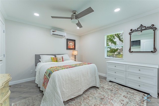 bedroom featuring an AC wall unit, ceiling fan, and ornamental molding