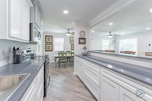 kitchen with light hardwood / wood-style flooring, stainless steel appliances, white cabinetry, and ornamental molding