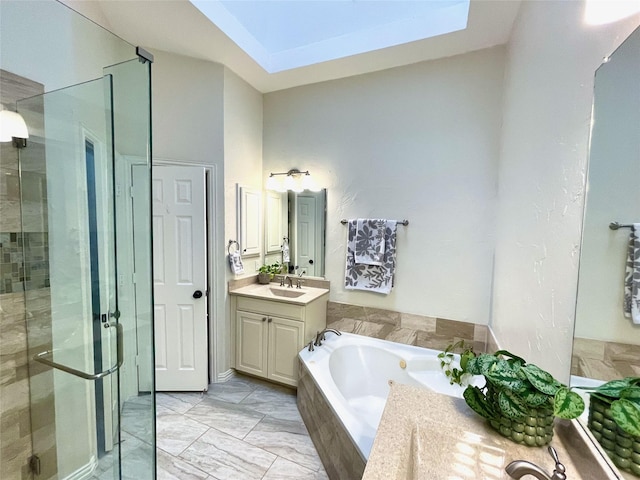 bathroom featuring plus walk in shower and vanity