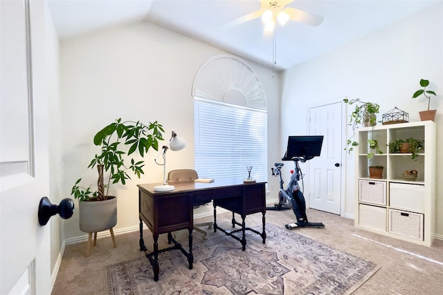 office with ceiling fan, vaulted ceiling, and carpet