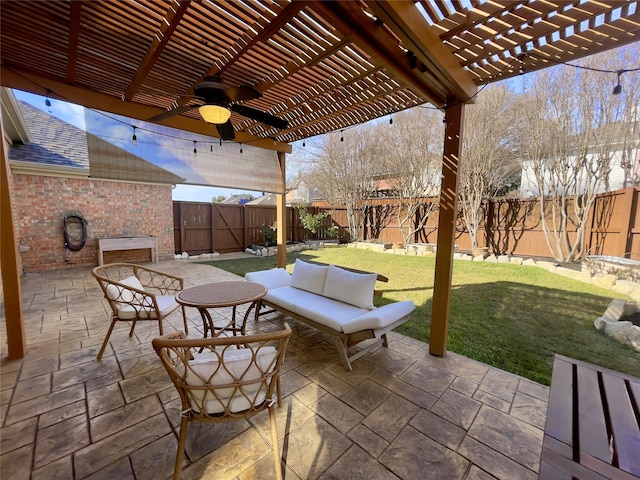 view of patio with ceiling fan, a pergola, and an outdoor living space