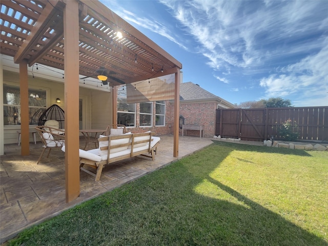 view of yard with outdoor lounge area, a patio area, and a pergola