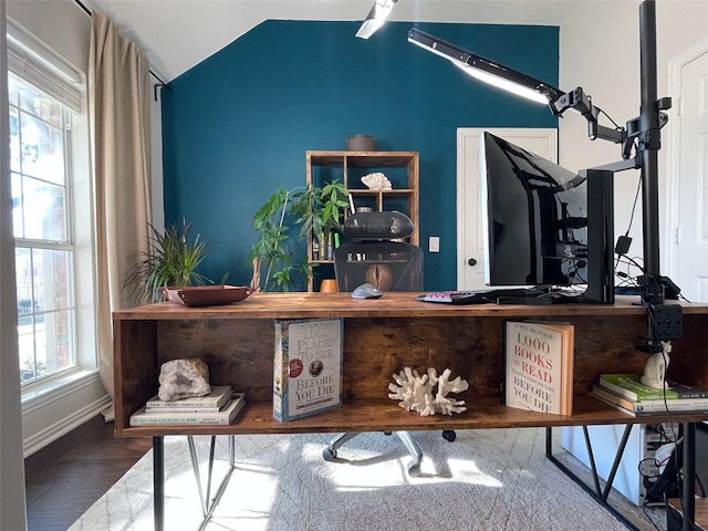 interior space with hardwood / wood-style floors, vaulted ceiling, and plenty of natural light