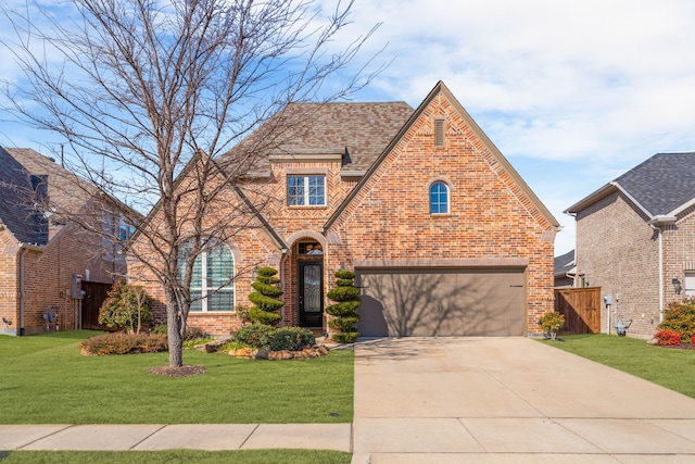 tudor house with a front yard and a garage