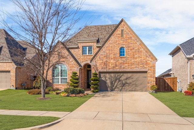 tudor-style house with a front yard and a garage