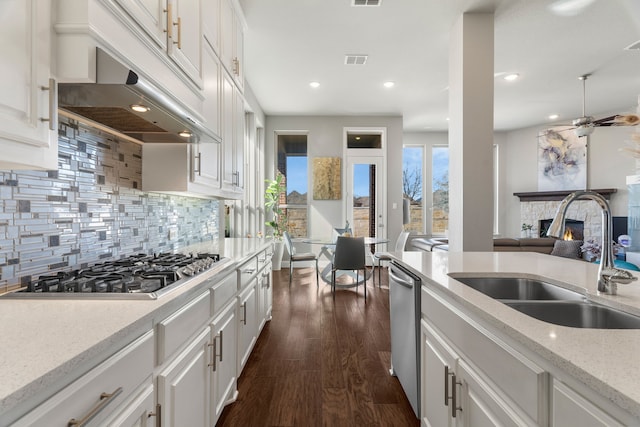 kitchen with sink, appliances with stainless steel finishes, white cabinets, wall chimney range hood, and a stone fireplace