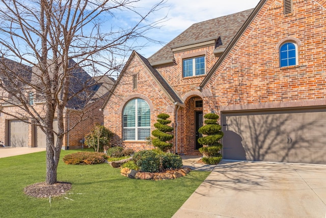 tudor-style house featuring a front yard and a garage