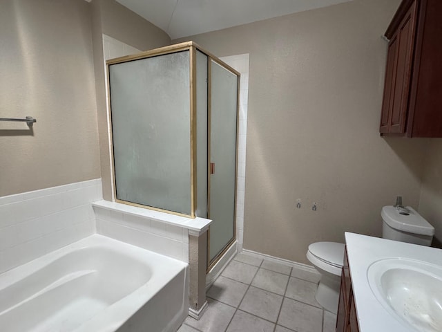 full bathroom with toilet, vanity, tile patterned floors, and separate shower and tub