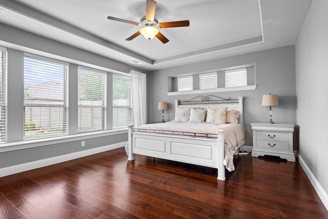 bedroom featuring a raised ceiling, ceiling fan, dark hardwood / wood-style flooring, and multiple windows