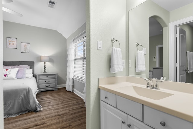 bathroom featuring lofted ceiling, vanity, and wood-type flooring