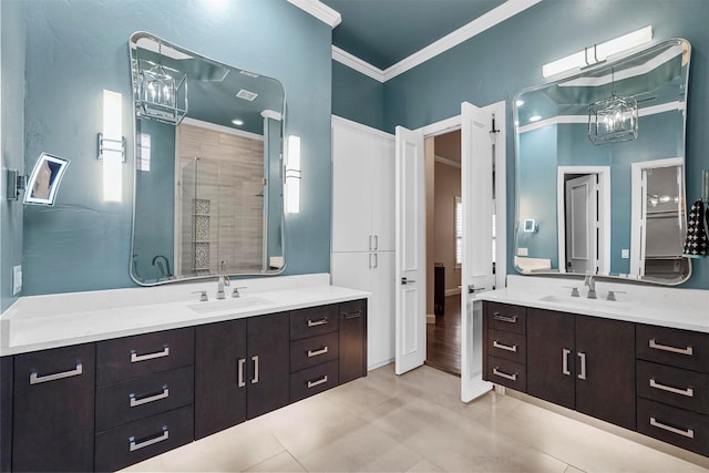 bathroom with a shower with door, crown molding, and vanity