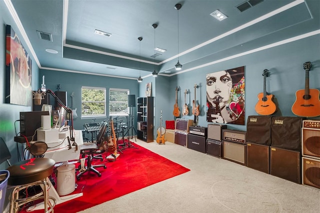 rec room featuring a tray ceiling, crown molding, and carpet flooring