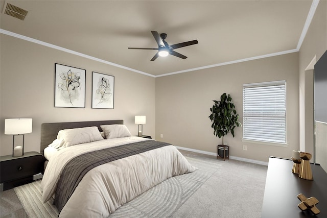 bedroom with ceiling fan, light carpet, and crown molding