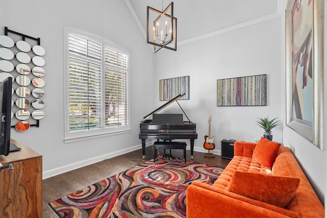 sitting room with vaulted ceiling, a notable chandelier, dark hardwood / wood-style flooring, and crown molding