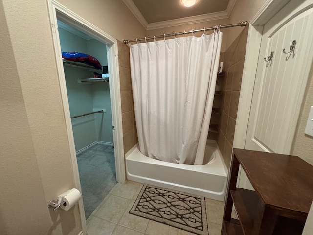 bathroom featuring tile patterned flooring, shower / bath combo, and ornamental molding