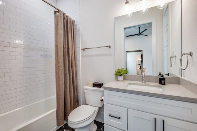 full bathroom featuring toilet, shower / bath combo with shower curtain, ceiling fan, and vanity