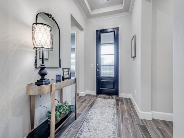 foyer entrance featuring crown molding and a raised ceiling