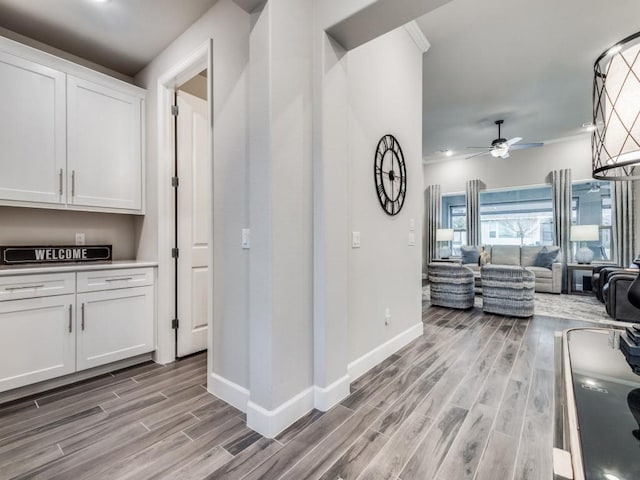 kitchen with white cabinets, ceiling fan, light wood-type flooring, and crown molding