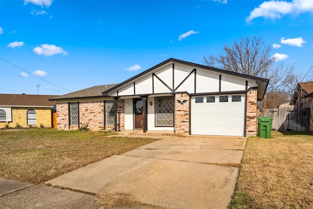 ranch-style house featuring a garage and a front lawn