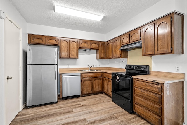 kitchen featuring sink, a textured ceiling, light wood-type flooring, backsplash, and appliances with stainless steel finishes