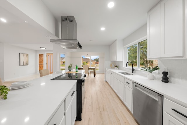 kitchen with white cabinets, dishwasher, ventilation hood, decorative backsplash, and sink