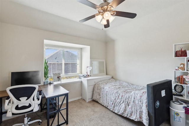 bedroom with light colored carpet and ceiling fan