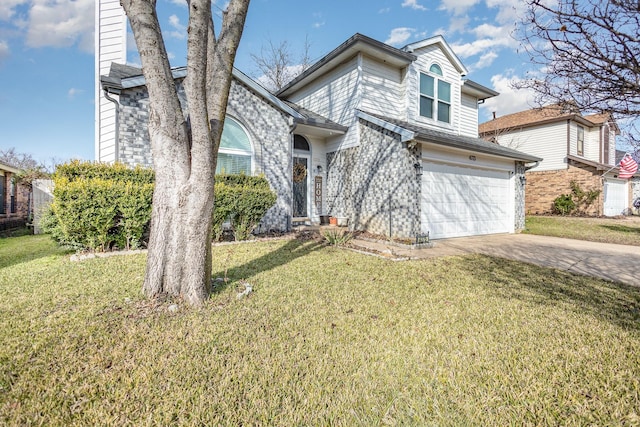 front facade featuring a front yard and a garage