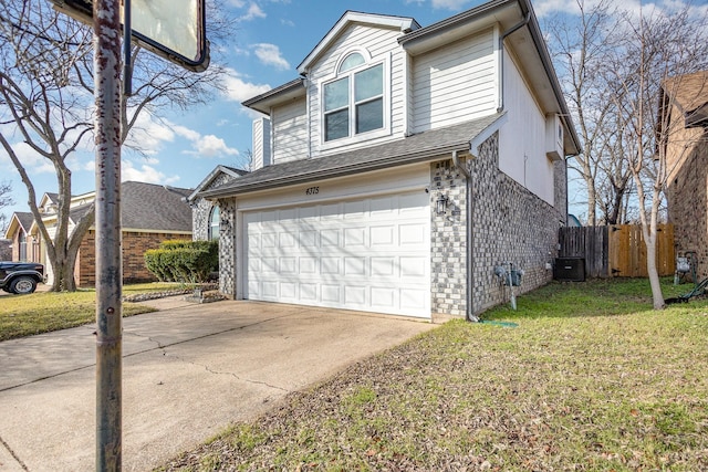 view of property exterior featuring a lawn, a garage, and central AC unit