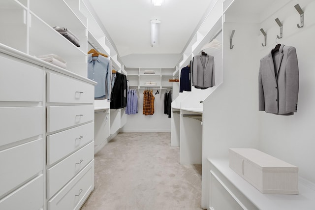 spacious closet featuring light colored carpet