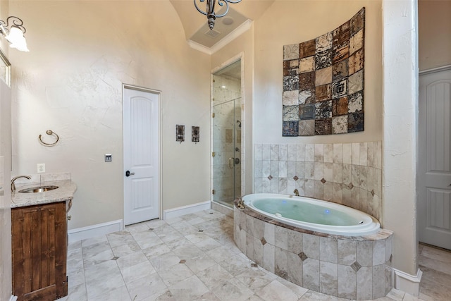 bathroom with lofted ceiling, ornamental molding, independent shower and bath, and vanity