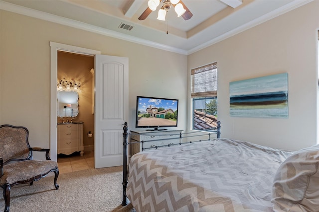 tiled bedroom with ceiling fan, crown molding, and a raised ceiling