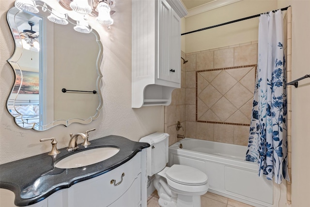 full bathroom featuring shower / tub combo with curtain, tile patterned flooring, ornamental molding, toilet, and vanity