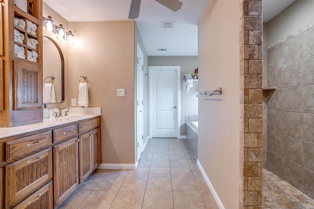 bathroom with vanity, tile patterned flooring, ceiling fan, and separate shower and tub