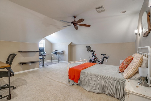 bedroom featuring vaulted ceiling, ceiling fan, and carpet