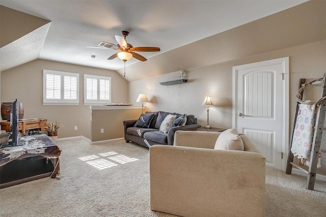 living room with ceiling fan, a textured ceiling, light carpet, and vaulted ceiling