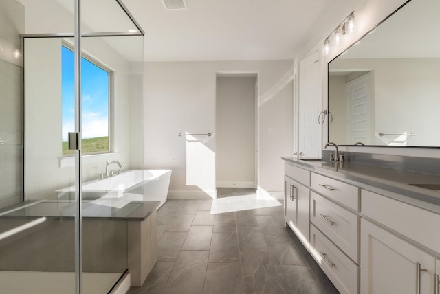 bathroom featuring vanity and plus walk in shower