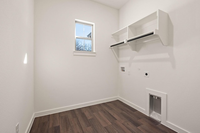 laundry room with hookup for a washing machine, gas dryer hookup, electric dryer hookup, and dark wood-type flooring