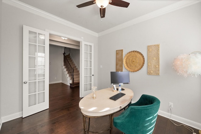 office area featuring ceiling fan, dark hardwood / wood-style floors, crown molding, and french doors